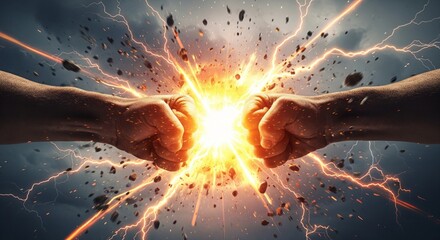 Two Fists Collide Creating a Powerful Energy Explosion and Lightning Strikes.
