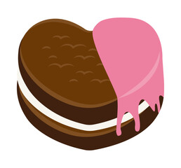 いちごチョコレートのかかったクッキーサンドのイラスト。