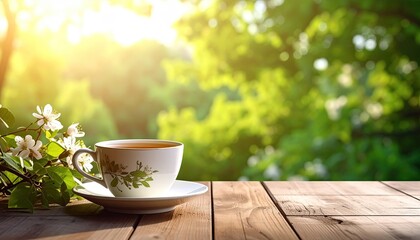 Tea cup on wood table with spring blooms and nature background
