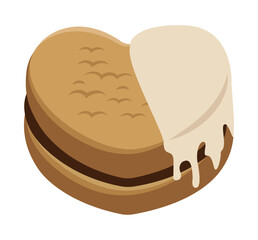 ホワイトチョコレートのかかったクッキーサンドのイラスト。