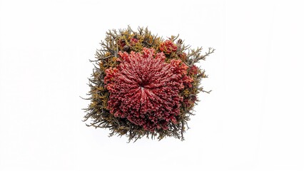 Abstract close-up of vibrant red, spiky natural organism isolated on white background.