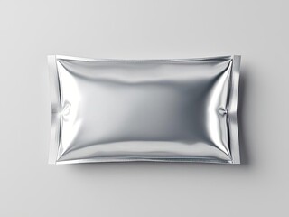 Shiny, silver rectangular pouch on a neutral gray surface, glossy reflection