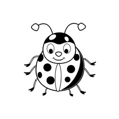 A simple black and white illustration of a cartoon ladybug with large eyes and spots.
