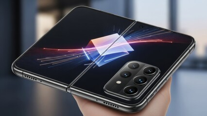 Futuristic foldable smartphone showcasing advanced digital processing with vibrant light effects