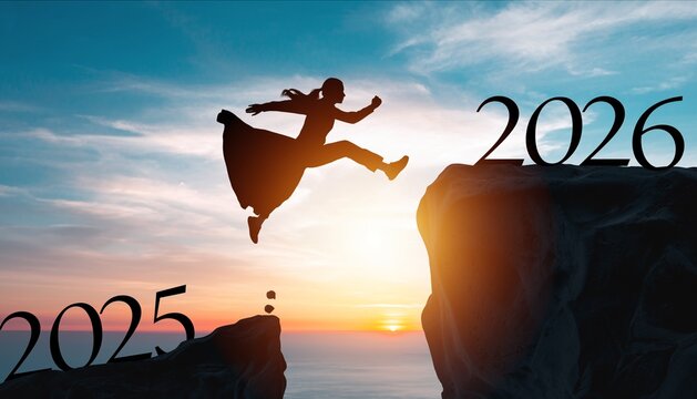 Inspirational Silhouette Leap into New Year 2026 at Sunset