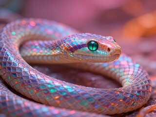 Obraz premium Iridescent snake coils gracefully in vibrant close up