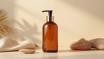 Amber pump bottle with natural skincare products and stones on beige background