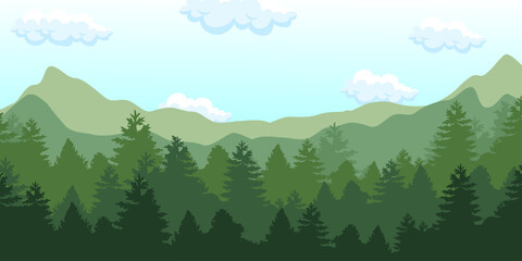 Fototapeta premium Illustration of a serene mountain landscape with a dense pine forest under a clear blue sky with fluffy clouds, depicting a peaceful natural environment.