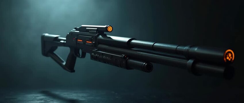 Futuristic rifle glides slowly through dimly lit space as camera pans gently, casting dynamic shadows in a cinematic, high-tech environment.