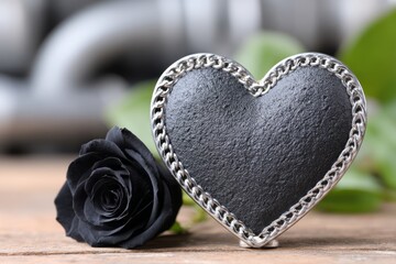 Romantic still life featuring a black rose next to a textured stone heart framed in silver on a wooden surface, ideal for gothic love, loss, or Valentine?s themed designs.