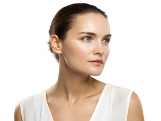 A closeup portrait of a beautiful young woman with clean skin looking at the camera for a fashion skincare and spa health campaign