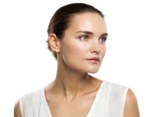 A closeup portrait of a beautiful young woman with clean skin looking at the camera for a fashion skincare and spa health campaign