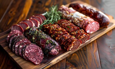 Close-up of various seasoned salami and cured meats artfully sliced on a wooden board with fresh herbs, perfect for menus, packaging, or upscale entertaining and charcuterie concepts.