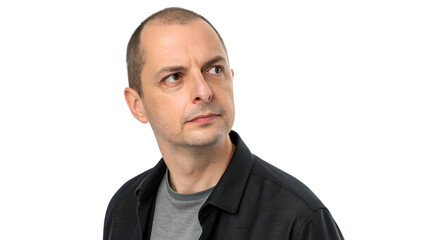 Portrait of a handsome young man with a confident expression wearing a casual shirt while looking at the camera against a white background