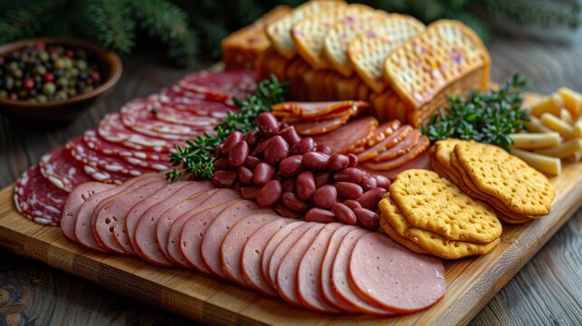 Abundant charcuterie board loaded with sliced cold cuts, crackers, beans, cheese, and herbs on a wooden surface, ideal for party invitations, catering ads, or holiday entertaining visuals.