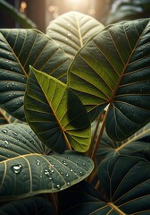 Dramatic Giant Taro Leaves Illuminated with Raindrops and Sunlight