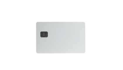 Isolated, rectangular, light-gray payment card with embedded chip, against black background