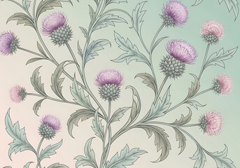Elegant thistle illustration, soft pastel palette, sophisticated botanical art