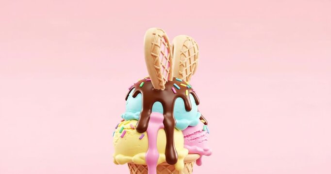 Colorful ice cream cone with chocolate drizzle, sprinkles, and macaroon ears against a pink backdrop