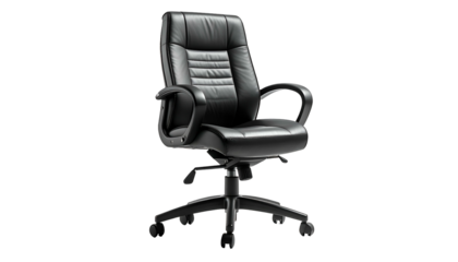 A black, leather executive office chair with armrests, on a black rolling base