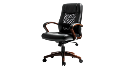 Elegant black leather office chair with wooden accents against a solid black backdrop