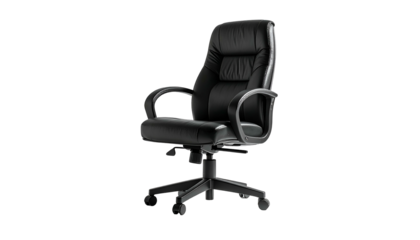 A sleek, black, leather office chair stands isolated against a black background