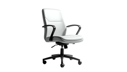 Fototapeta premium A modern, white office chair with black armrests and base, against a stark black backdrop