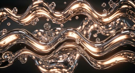 Fluid chrome waves reflecting light with scattered translucent spheres