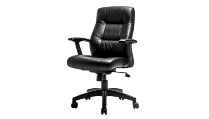 A black leather executive office chair isolated on a dark background