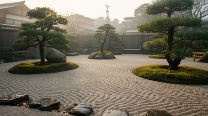 Serene japanese zen garden at dawn