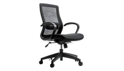 Angled shot of a black ergonomic office chair with mesh back, leather seat, and armrests