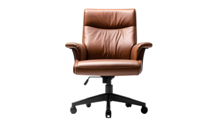 A brown leather office chair with a high back and armrests, centered on a black background