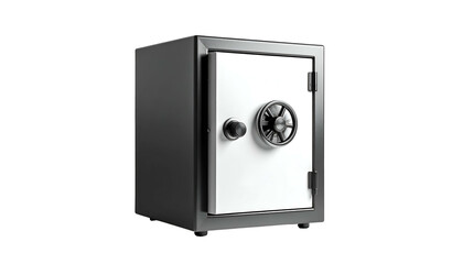 Gleaming, metallic safe with a white door and a large silver combination dial