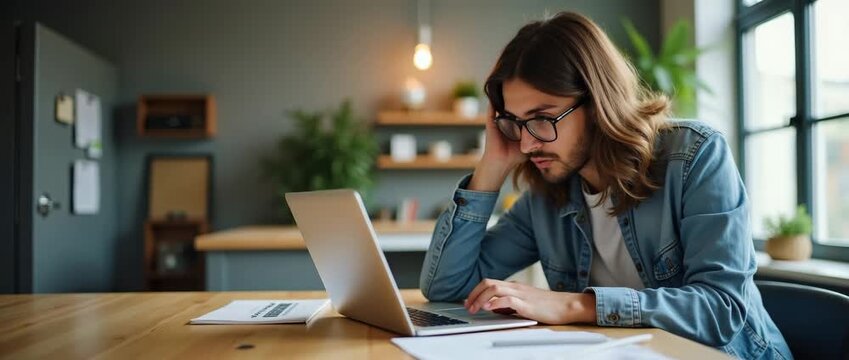 Focused young professional at desk, typing on laptop, in modern office, gentle ambient light flickers, camera slowly pans across workspace, cinematic style, creativity and focus.
