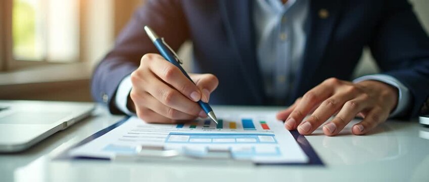 Business professional analyzing financial charts in a bright office setting, with a steady camera pan highlighting focused writing motion; ambient light flickers create a cinematic atmosphere.
