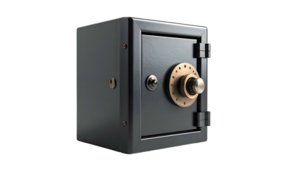 A dark gray, antique-style safe with a round brass combination dial and prominent door hinges