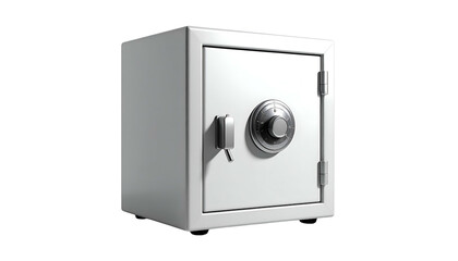 A metallic, secure safe box, front view, isolated on black background, with combination dial