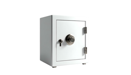 A white, metal safe isolated against a black background, slightly angled, showing door details