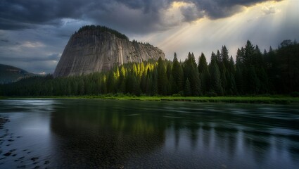 Dramatic landscape of large rock formation by serene river