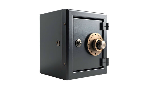 A dark gray, antique-style safe with a round brass combination dial and prominent door hinges