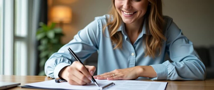 Smiling professional woman signs documents at a desk; camera slowly pans to reveal a bright office environment with gentle ambient lighting, creating a cinematic and optimistic atmosphere.