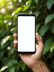 Hand holding smartphone with blank white screen outdoors in nature