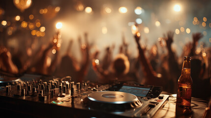 Exciting party dj console mixer controller playing music for happy crowd dancing nightlife entertainment celebration concert event club