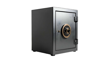A metallic safe against a black background, with combination dial