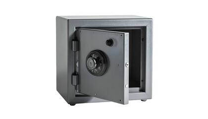 A gray steel safe with the door open, showcasing its locking mechanism and interior