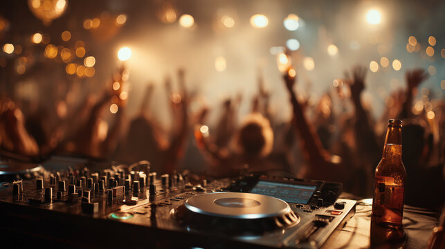 Exciting party dj console mixer controller playing music for happy crowd dancing nightlife entertainment celebration concert event club