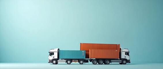 White cargo truck with colorful shipping containers moves slowly on an empty road, camera performs a steady tracking shot, emphasizing minimalistic industrial transport in a cinematic style.