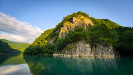 Serene mountain lake with lush greenery and calm waters