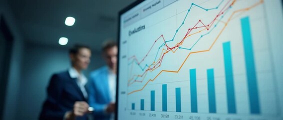 Dynamic analysis of financial growth trends as business professionals discuss data insights, with a cinematic focus on fluctuating graphs and a smooth camera pan in a modern office setting. - Powered by Adobe