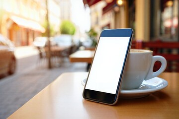 Smartphone on wooden table with a cup of coffee in a cozy outdoor cafe